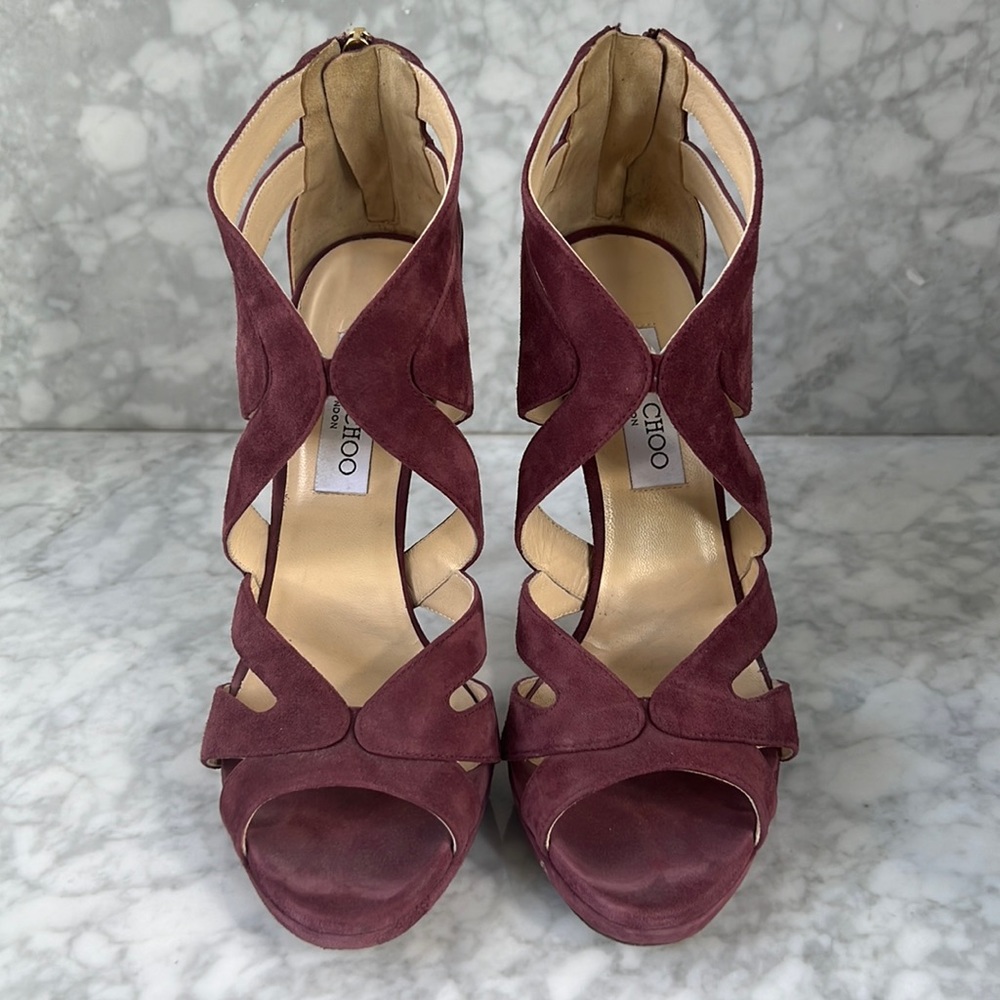 JIMMY CHOO BURGUNDY SUEDE SANDAL